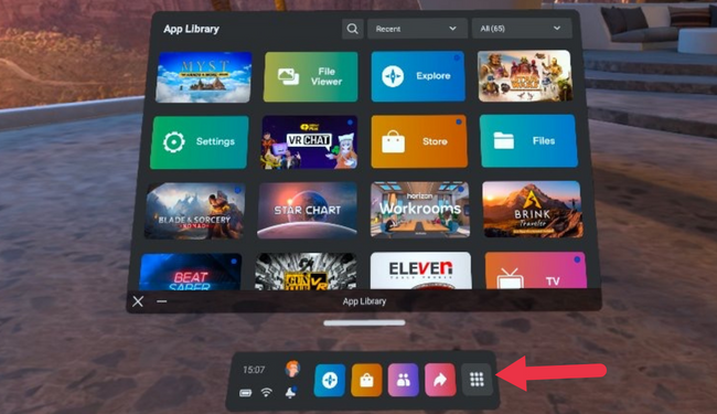 Кнопка библиотеки приложений в Quest VR