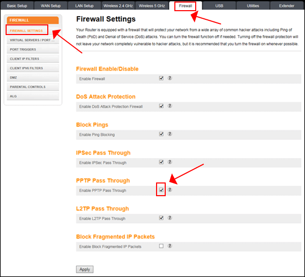 Включение PPTP Pass Through в настройках Arris