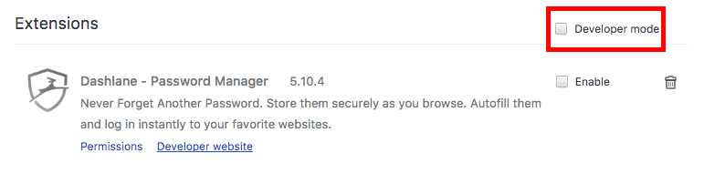 Страница расширений Chrome с включением режима разработчика