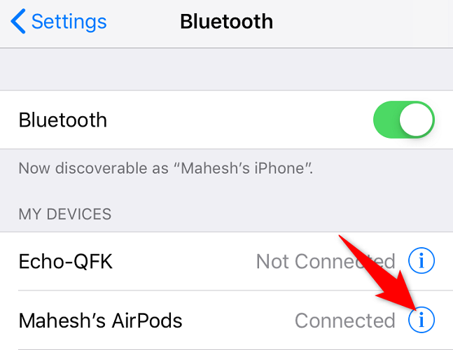 Нажмите кнопку «i» рядом с AirPods