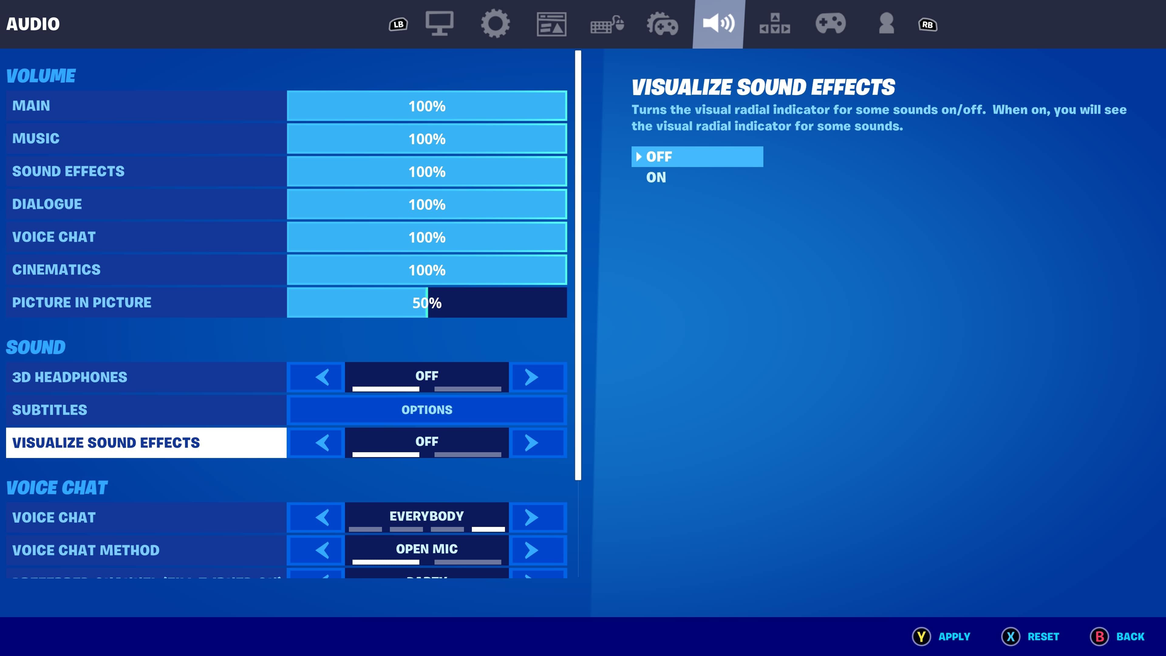 Настройки звука Fortnite с выделенной опцией «Визуализация звуков»