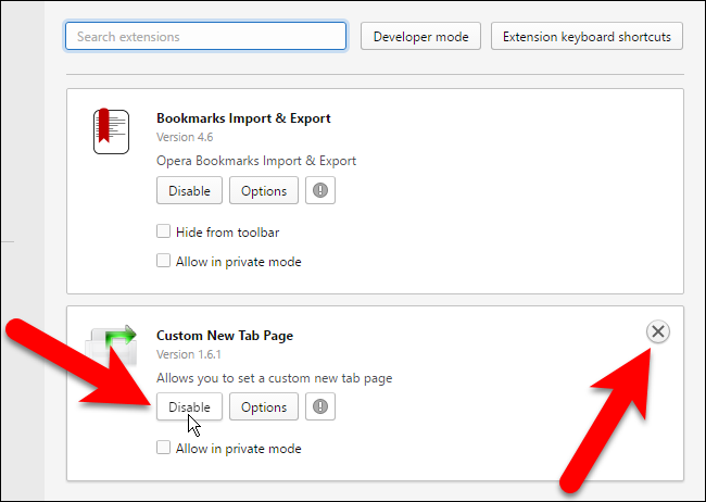 Отключение расширения в Opera