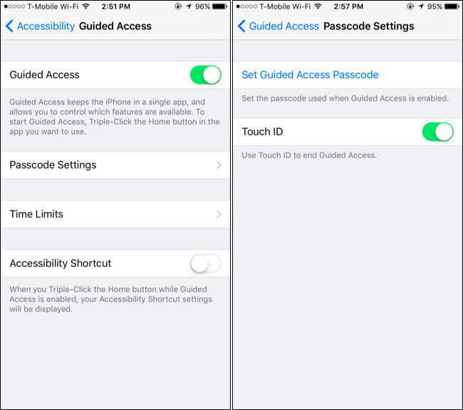 Параметры пароля и Touch ID для Guided Access