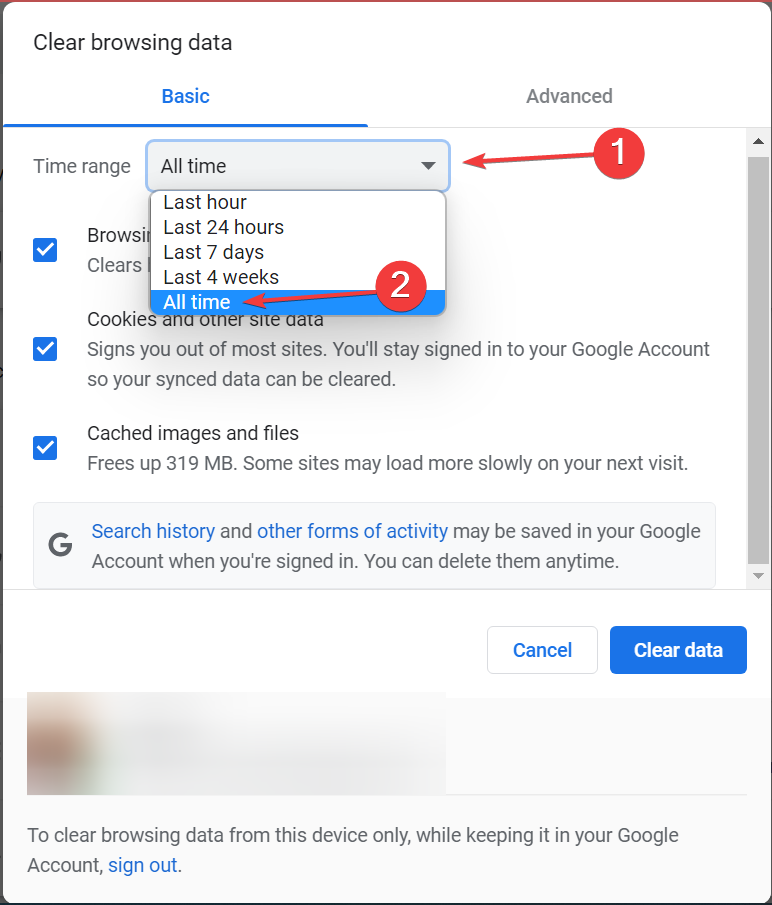 Выбор 'За всё время' в очищении данных браузера