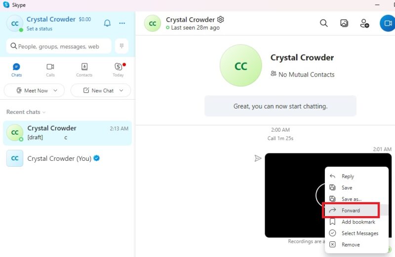 Выбор «Переслать» для записи в Skype