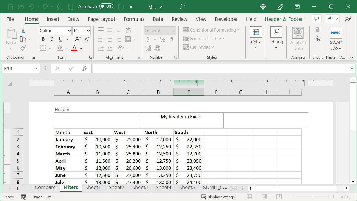 Header with custom text in Excel