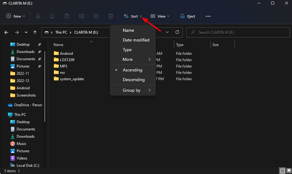 Меню сортировки в Проводнике