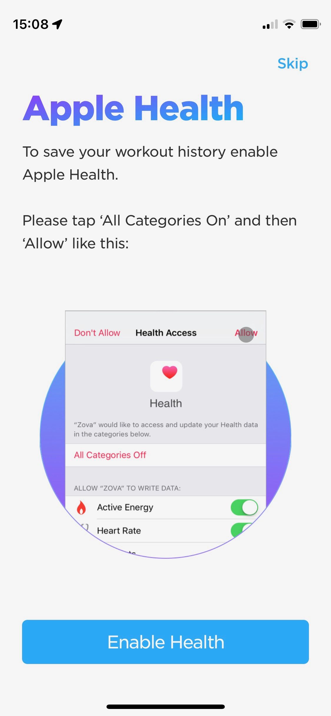 Скриншот экрана Zova: включение Apple Health