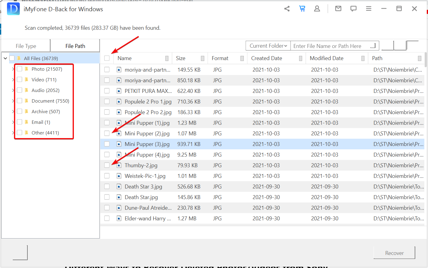 Выбор файлов для восстановления