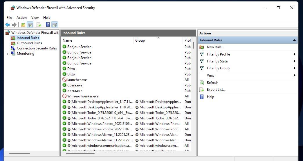 The Windows Defender Firewall with Advanced Security tool