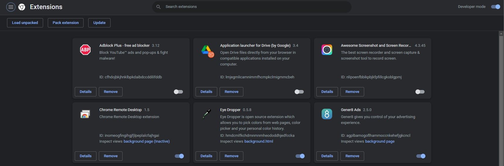 Скриншот страницы chrome://extensions в режиме разработчика
