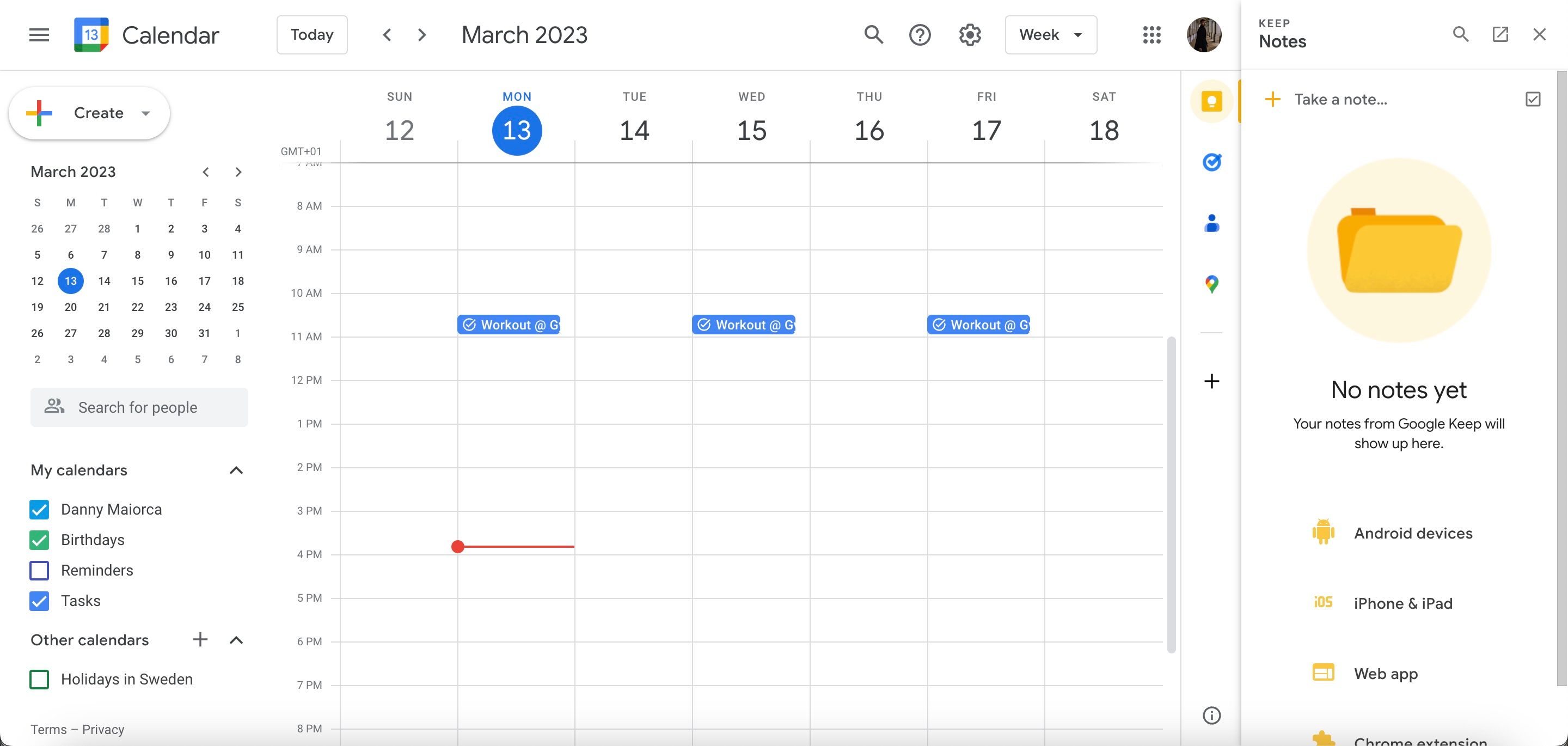 Google Keep in Google Calendar Screenshot