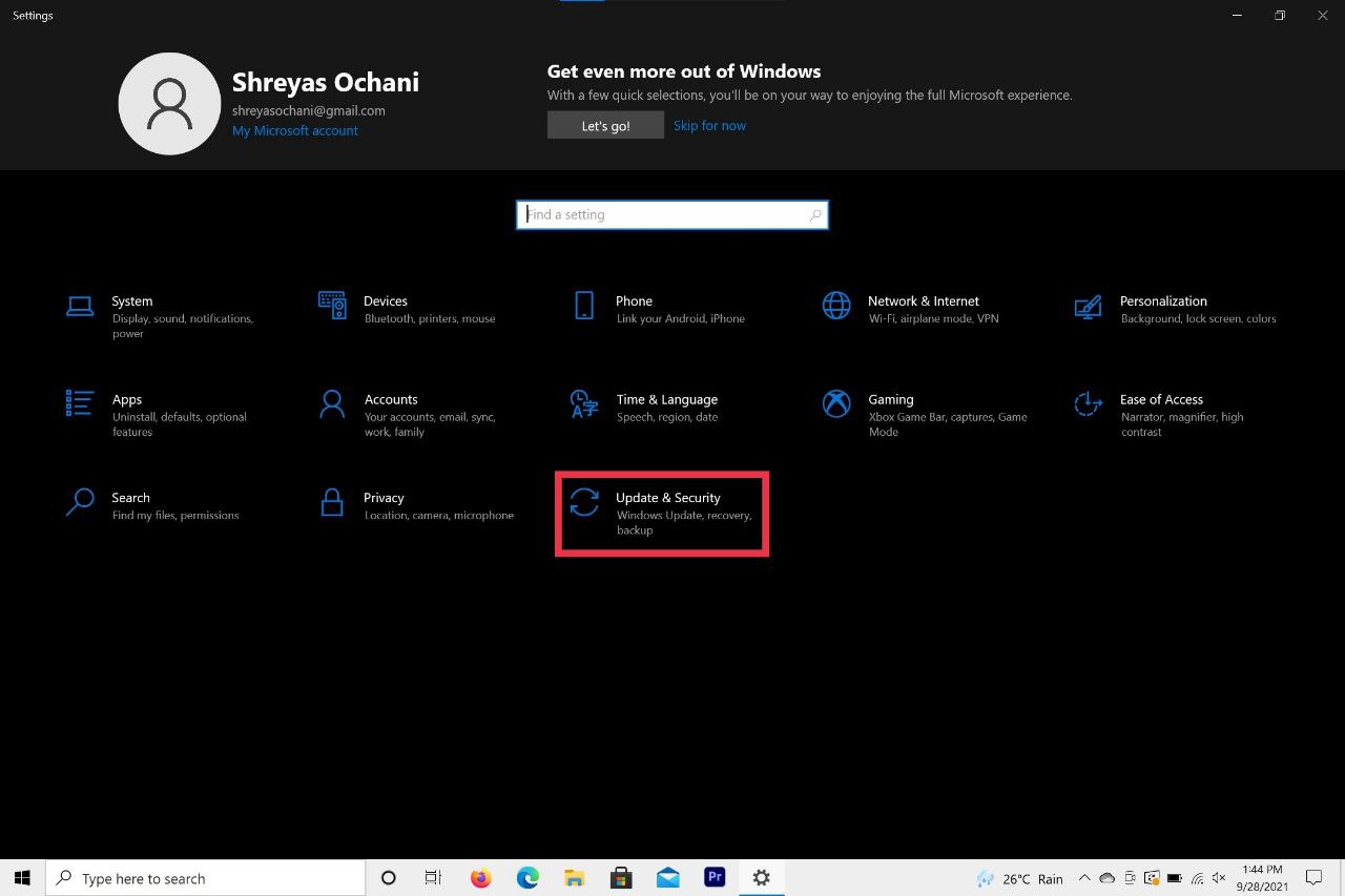 Параметры Windows, раздел Обновление и безопасность