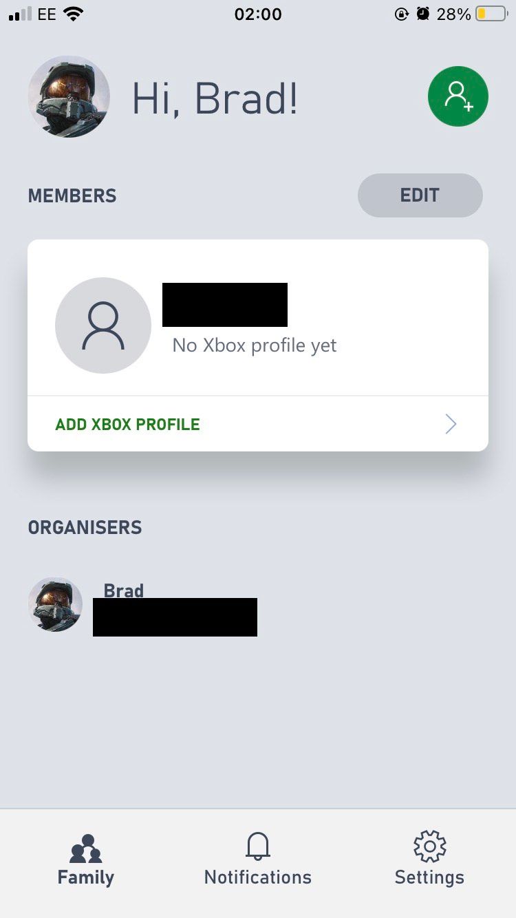 Вкладка Family в приложении Xbox Family Settings на iOS