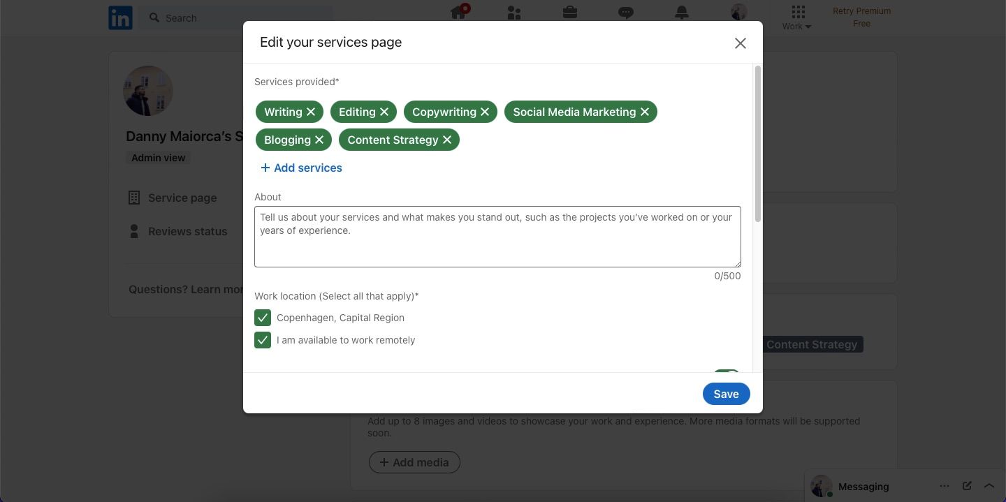 Скриншот редактирования страницы услуг на LinkedIn