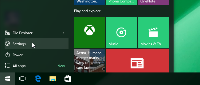Кнопка «Параметры» в меню Пуск