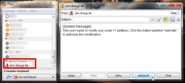 Список контактов Psi: добавленный транспорт и предложение импортировать контакты из другой сети.