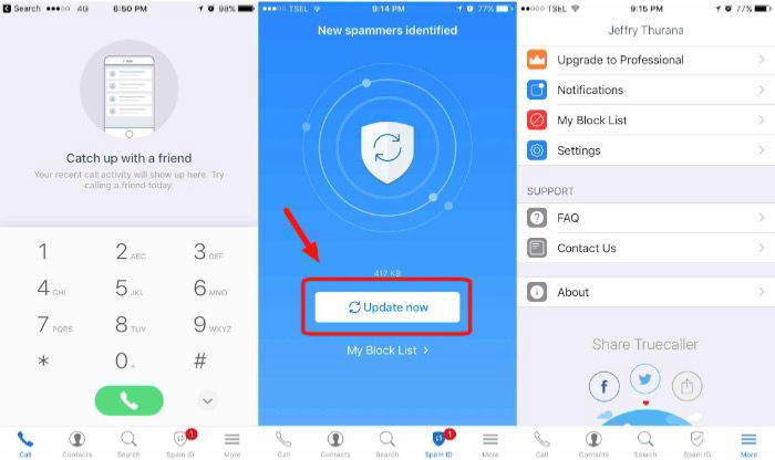 Интерфейс TrueCaller с возможностью обновления базы спама