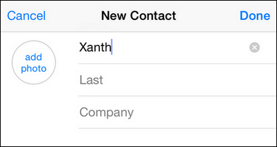 Экран добавления нового контакта с необычным именем