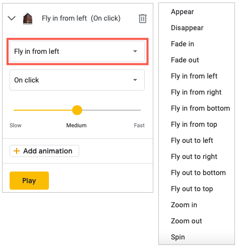 Опции запуска эффекта в Google Slides