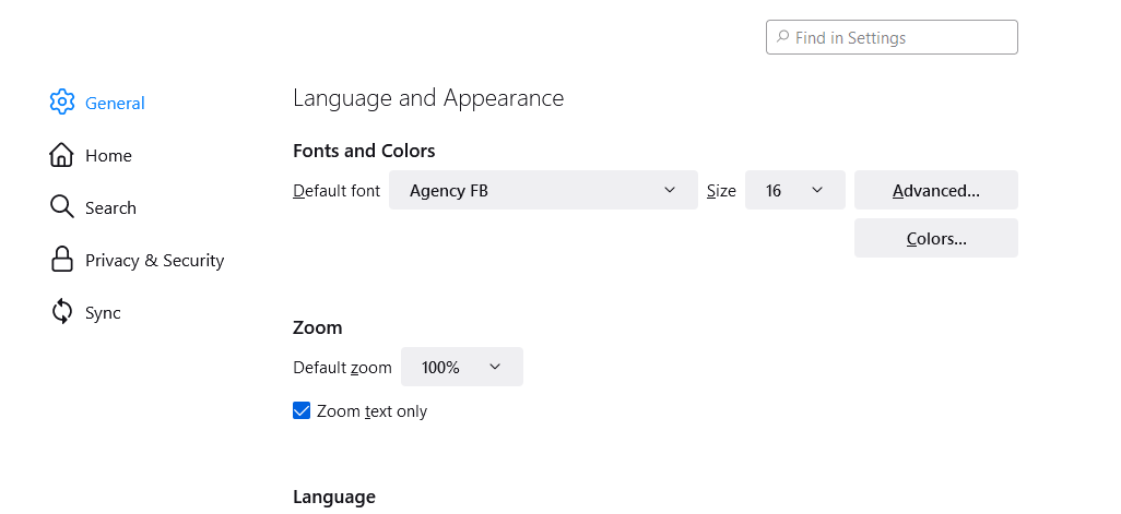 Настройки — шрифты и внешний вид в Firefox