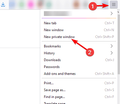 Меню Firefox — пункт 'Новое приватное окно' выделен