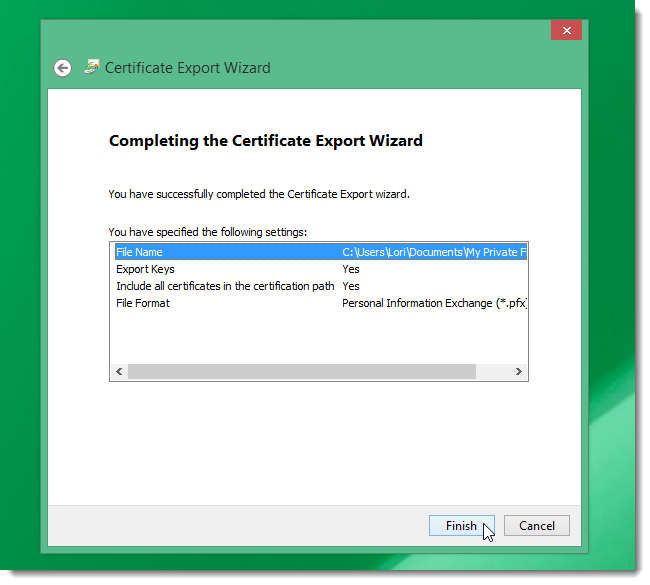 Сообщение об успешном экспорте сертификата