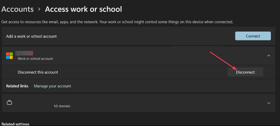 Кнопка Disconnect для организационной учётной записи