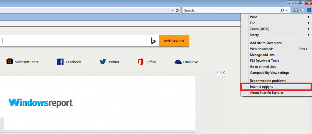 Окно интернет-параметров Internet Explorer