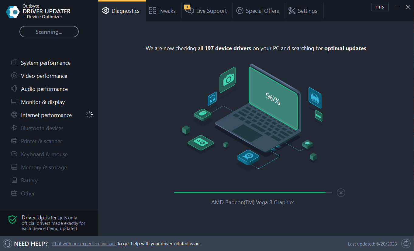 Outbyte Driver Updaterでドライバーを更新する画面