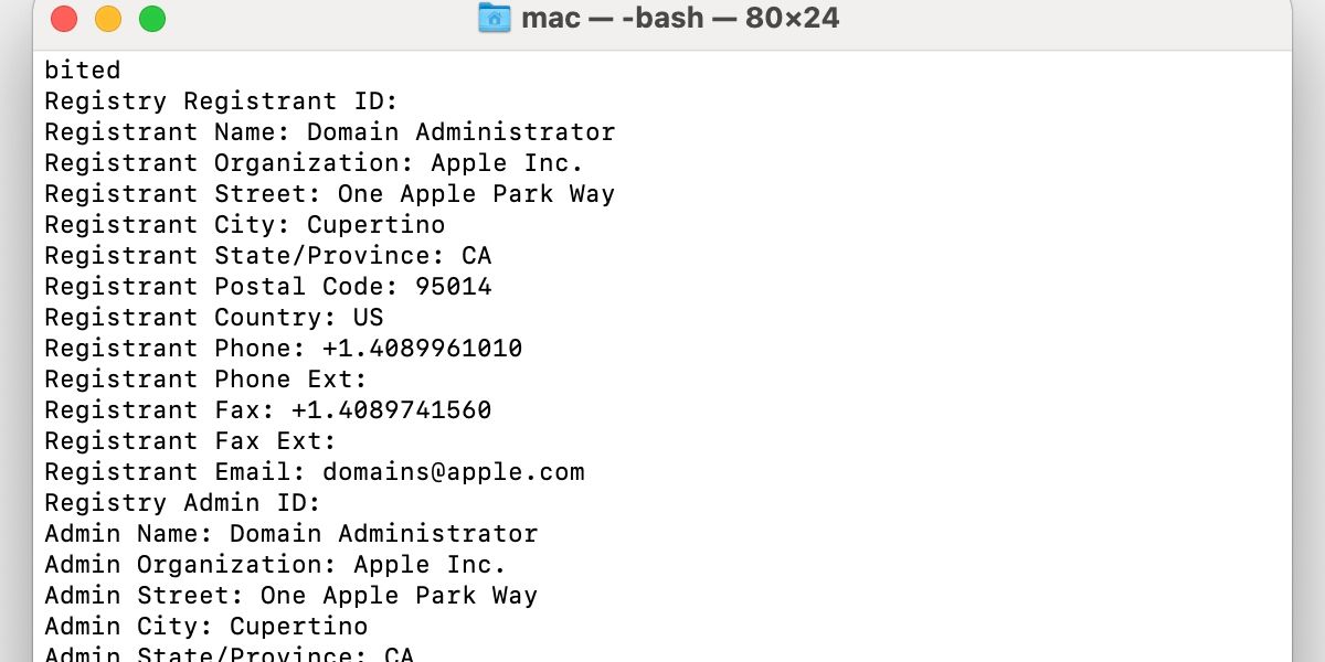 Окно Terminal с командой whois.