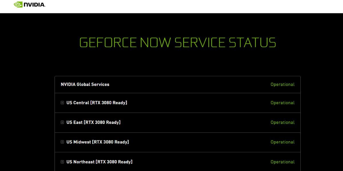 Страница статуса серверов GeForce Now в браузере