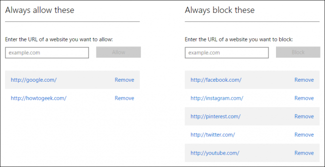 Список разрешённых сайтов в Family Safety