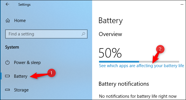 Скриншот: раздел Батарея в Параметрах Windows с историей энергопотребления по приложениям