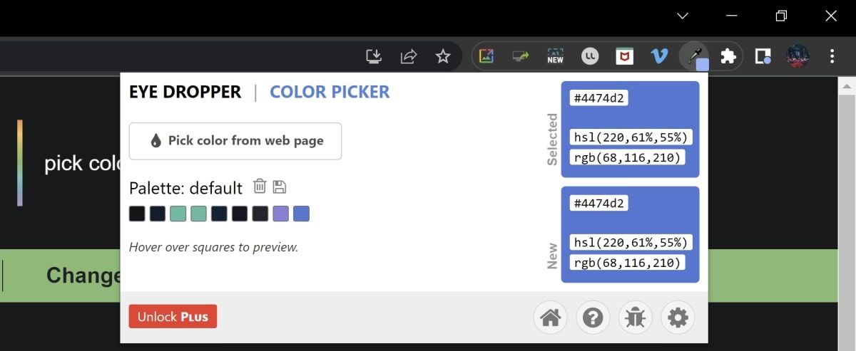Окно Eye Dropper с кнопкой Pick color from web page