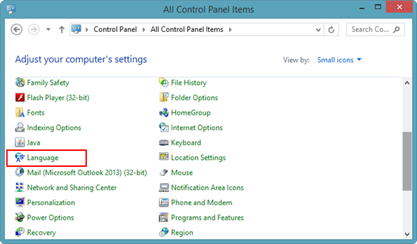 Окно настроек языка в Панели управления