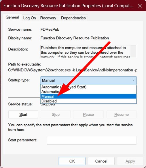 Настройка типа запуска службы на Manual