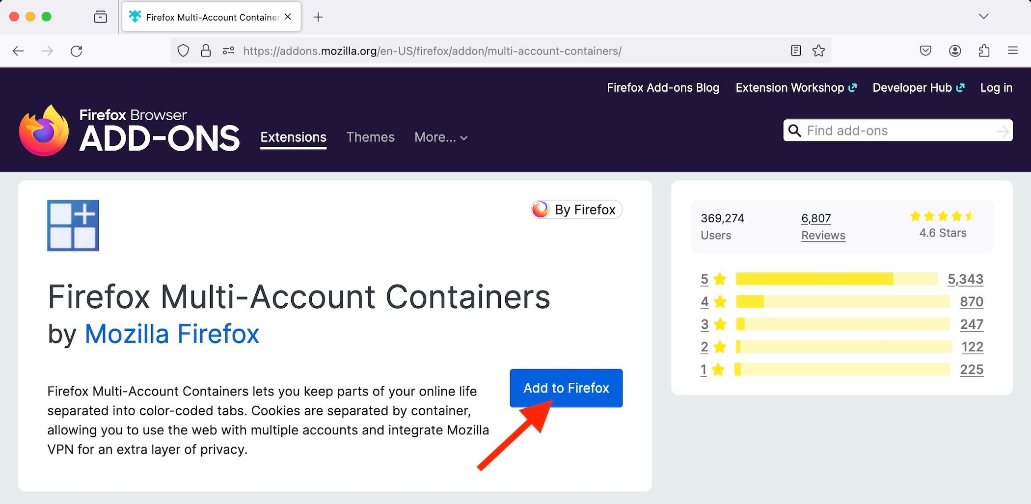 Расположение кнопки установки расширения Firefox Multi-Account Containers