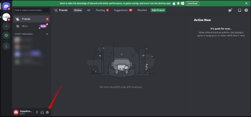 Значок настроек в левом нижнем углу в Discord на десктопе