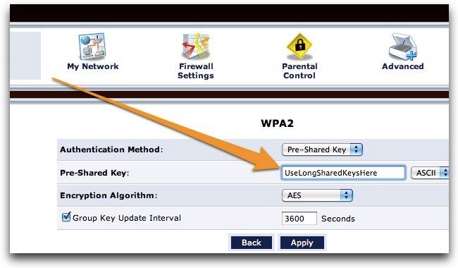 Поле для ввода общего ключа WPA2 (пароля сети)