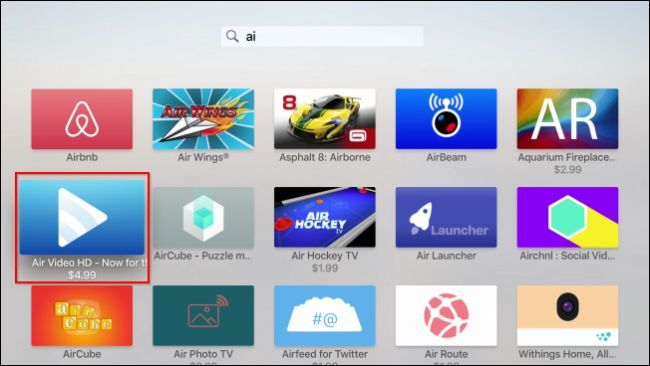 Поиск приложения Air Video HD в App Store на Apple TV