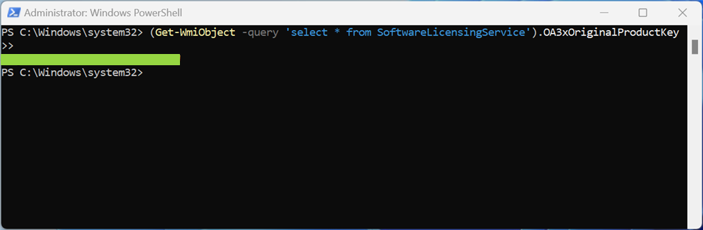 The Windows 11 product key is hidden under a green block.