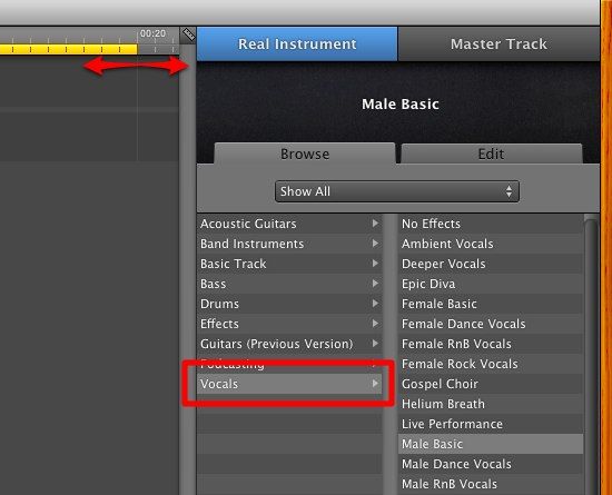 Параметры конфигурации голоса в GarageBand