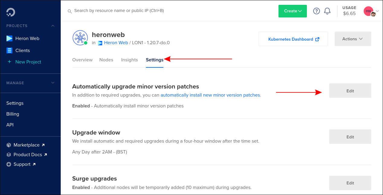 Скриншот настроек окна обновления кластера DigitalOcean Kubernetes