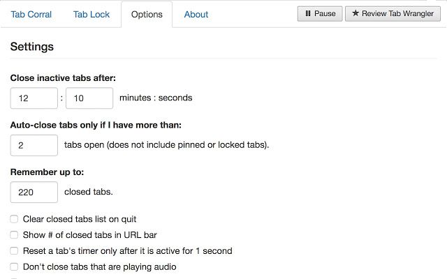 Настройки Tab Wrangler: автоматическое закрытие неактивных вкладок