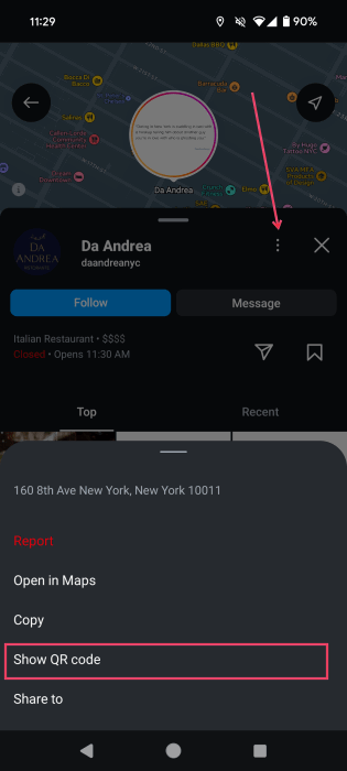 Опция «Show QR code» на странице места Instagram