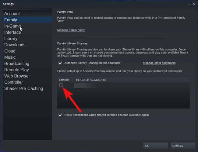 Share with eligible accounts checkbox