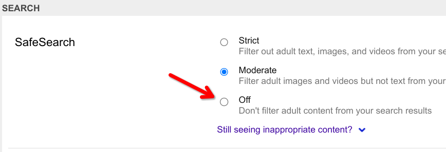 Параметр отключения SafeSearch в настройках Bing показан стрелкой
