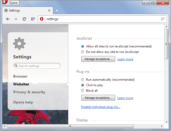 Страница управления настройками сайтов в Opera