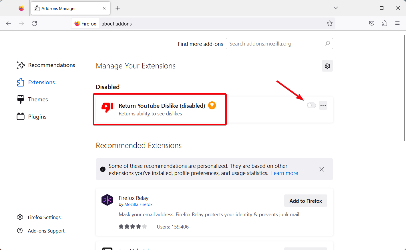 Включение расширения Return YouTube Dislike в Firefox